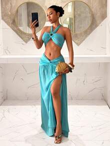 Slaydiva Sang trọng, lãng mạn, gợi cảm, hoàn hảo cho kỳ nghỉ xuân/hè, tiệc bãi biển, hẹn hò, tiệc sinh nhật, bộ đồ hai mảnh màu xanh lam-xanh lá cây dành cho nữ, gồm áo bra cổ yếm và chân váy dài xòe bằng chiffon phối nhiều mảnh, vừa thanh lịch vừa thoải mái. - Màu xanh bạc hà - Xem 2