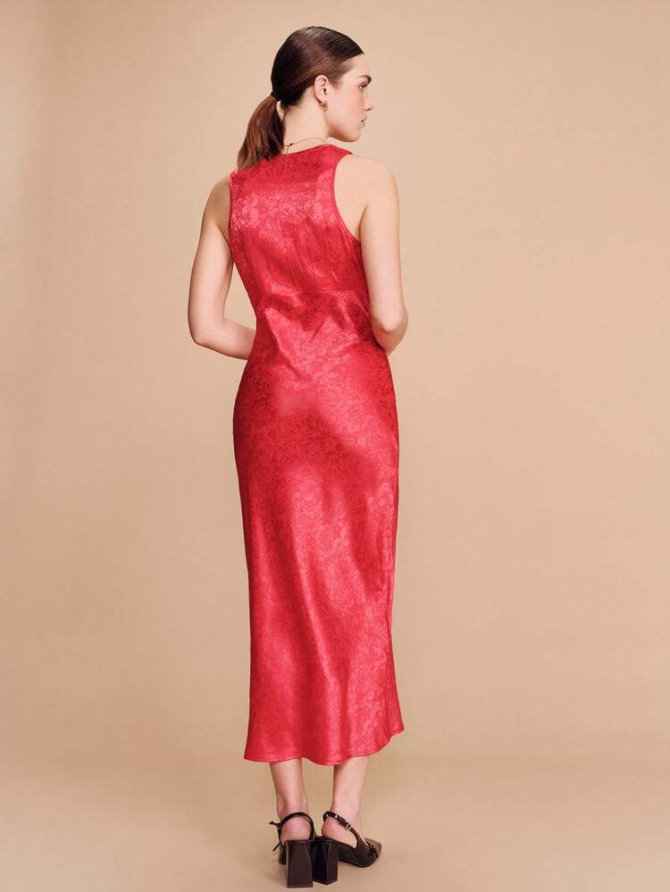 Red Satin Jacquard Fitted Midi Dress With Plunge V Neckline Sleeveless Cut And Elegant Bold Romantic Silhouette  French Style Parisian Style Lunar New Year