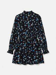 lacRébo Blue Vintage Style Floral Print High Ruffle Neck Mini Dress With Cut Out Chest Detail And Shirred Waist French Style Parisian Style - Black - View 8