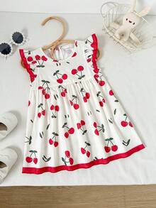 SHEIN Baby Girls Cute Cherry Print Cap Sleeve Dress - Apricot - View 5