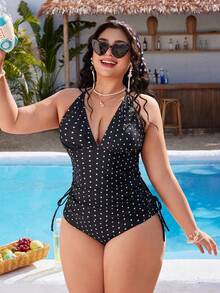 Swim Mod Plus Size Women's Sweet Polka Dot Print Beach Vacation Bikini Set - Black and White - View 5