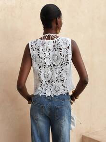 Vesra Women's Embroidered Front Tie Sleeveless Blouse - White - View 2