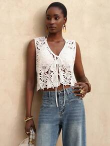 Vesra Women's Embroidered Front Tie Sleeveless Blouse - White - View 6