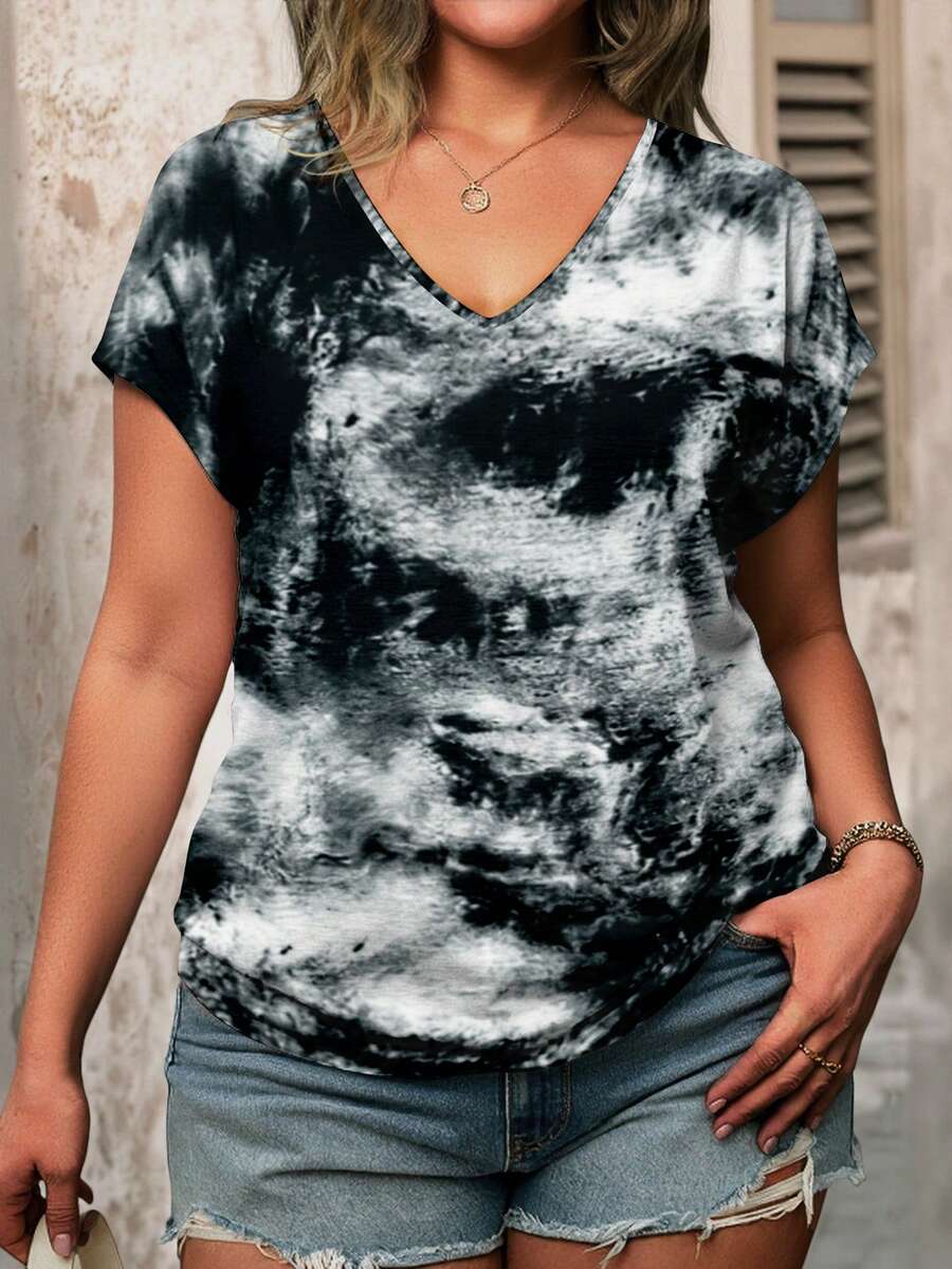 EMERY ROSE Áo thun ngắn tay cổ chữ V nhuộm màu tie-dye cỡ lớn dành cho nữ, kiểu dáng thường ngày, đa năng. - Nhiều màu - Xem 1