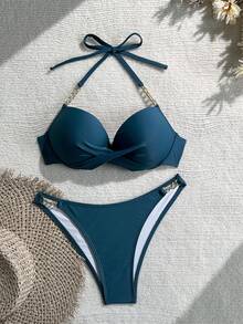 Swim SXY Bộ bikini nữ mùa hè đi biển màu trơn, kiểu thắt nút xoắn, hở lưng, dây buộc cổ, có gọng. - Màu xanh lam - Xem 3