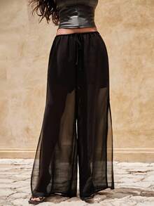 Nevyona Pantaloni largi pentru femei, culoare solidă, cu design cu crăpături în talie, culoare solidă - Negru - Vizualizare 5