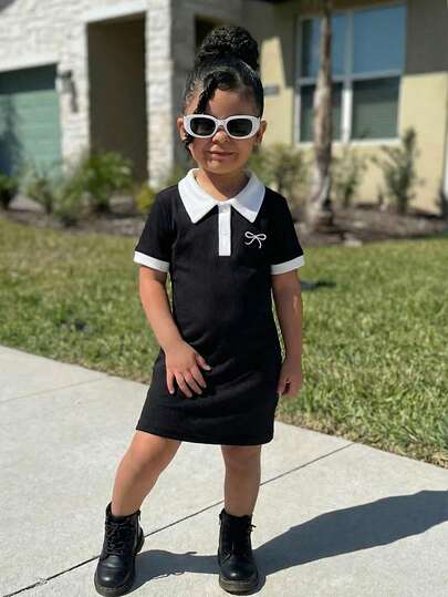 SHEIN Young Girl Casual Daily Black & White Contrast Collar Snug Fit Dress With Embroidered Bow