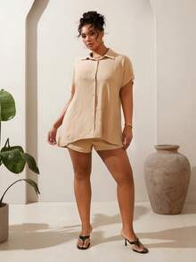 Veslaya Plus Size Women's Summer Casual Vacation Khaki Loose Short Sleeve Shirt And Shorts Set Boho Streetwear Beach Formal Holiday Outfit Wedding Guest - Apricot - View 4