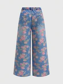 SHEIN MOD 大码女式印花破洞直筒牛仔裤，夏季女装，春季女装，情人节外出休闲牛仔裤，Y2K印花牛仔裤，粉色女式牛仔裤 - 淺色水洗藍 - 查看 2