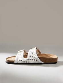 Solecia 欧美风编织双扣凉鞋，女士软木底休闲拖鞋，户外沙滩度假鞋 - 白色 - 查看 6