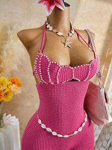 Bellisia Elegant Spaghetti Strap Ruched Jumpsuit In Fuchsia, Fitted - Pink - View 4