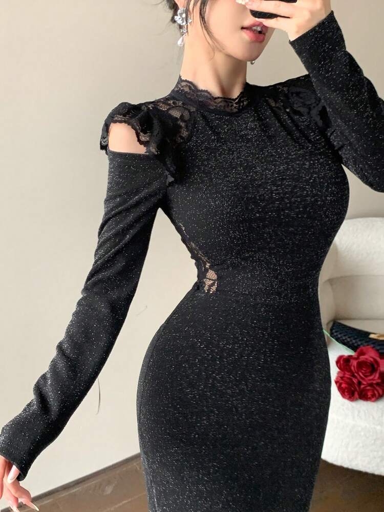 Women's Elegant Contrast Lace Stand Collar Cutout Shoulder High Slit Hem Fitted Dress, Spring/Autumn