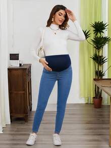SHEIN Jeans casuales de unicolor para maternidad - Azul lavado medio - Ver 6
