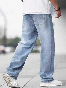 SHEIN Tween Boys' Light Blue Straight Loose Casual Jeans With Pockets, Versatile - Light Wash - View 2