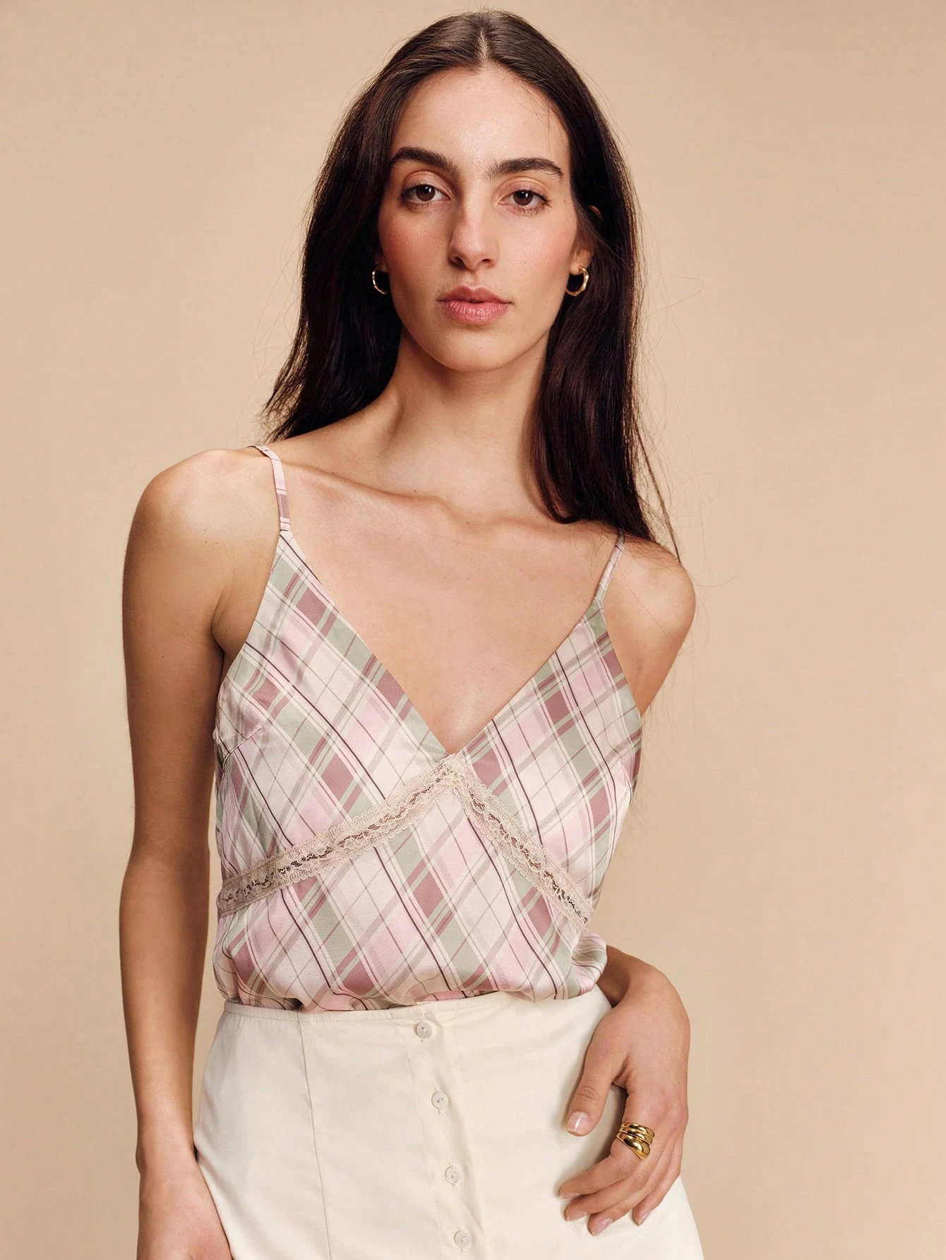 チェック柄サテンキャミソール レース付き 春夏 ヴィンテージ フレンチ パリジャン スタイル チェック柄トップス バケーション