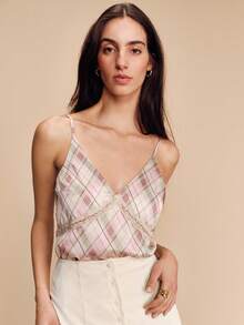 lacRébo Top de satén con estampado de cuadros y ribete de encaje, estilo vintage, estilo francés, estilo parisino, top a cuadros para vacaciones - Multicolor - Ver 3