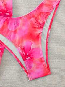 Swim Mod Women's Floral Print Halter Tie Swimwear Set - Hot Pink - View 4