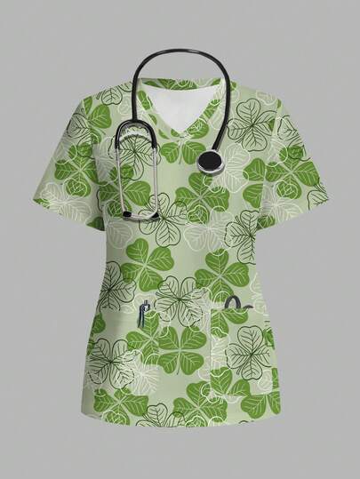 TaskEZ V-Neck Short Sleeve Clover Print Casual Minimalist Scrub Uniform Top, Summer