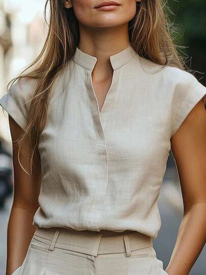 EMERY ROSE Women's Solid Color V-Neck Cap Sleeve Commuter Shirt