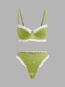 lacRébo Conjunto de lencería de moda con encaje floral en contraste para mujer - Verde - Ver 10