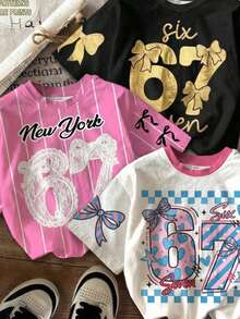 少女三件套数码条纹及数字67印花短袖套装，休闲舒适，适合春夏穿着，时尚百搭，适合户外活动、野餐、街头摄影、居家、上学、节日庆典等场合，亦可作为礼物赠送。 - 白色 - 查看 3