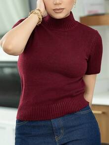 Melissa Matos 女士纯色高领短袖羊毛针织上衣，四季皆宜 - 酒紅色 - 查看 5