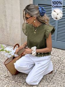 Serisse Áo kiểu nữ tay ngắn thêu họa tiết, thích hợp cho kỳ nghỉ. - xanh quân đội - Xem 4