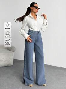 Side Pearl Jean High Rise Wide Leg Side Slit Denim - Light Wash - View 6