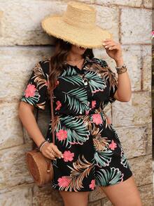 Breezaya Bộ jumpsuit nữ cỡ lớn, kiểu dáng tối giản, màu đen, họa tiết hoa nhiều màu sắc, cài khuy nửa thân. - màu đen - Xem 5