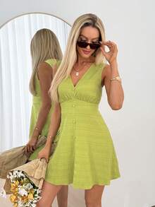 Easowa Lime Green Sleeveless A-Line Mini Dress, Elegant Vacation Ladies Short Dress Women's Sleeveless V Neck Pleated A Line Short Dress In Vibrant Perfect For Summer Chic Women's V Neck Sleeveless Mini Dress With Button Detail And Pleated Skirt Dress Wedding Guest Brunch Dress For Women Beach Dress Vacation Outfits Women Women Dress Picnic Outfits For Women Dresses New Arrival Dress For Women Casual Mother's Day Beach Outfits For Women Vacation Outfits Women - Green - View 3