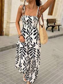 Brillora Zanzea Women's Full Print Ruffle Hem Spaghetti Strap Dress,Navy Blue And White,Boho,Summer,Vacation,Holiday Elegant Formal Flower Long Dresses Clothes - Black and White - View 1