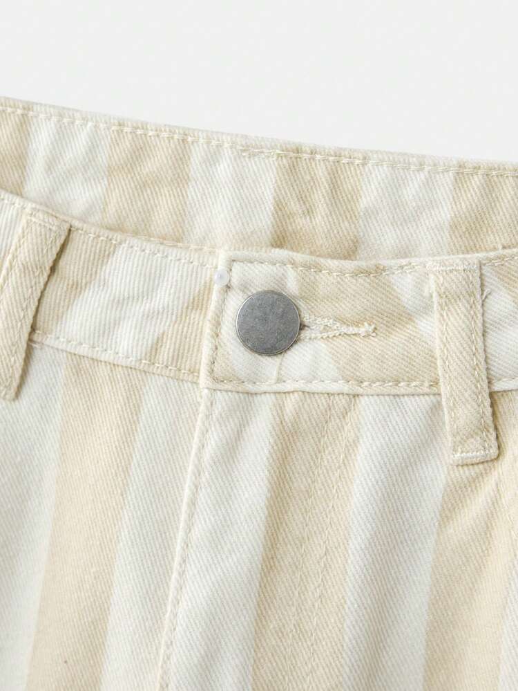 Beige Stripe High Waisted Wide Leg Jeans Spring Summer Cream Jeans Cotton Pants Office Picnic Spring Summer Vacation French Style Parisian Style