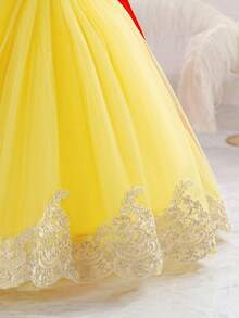 SHEIN Glamorique Kids 小女孩公主裙，泡泡袖，黄色薄纱蓬蓬裙，生日派对，婚礼，节日正式礼服，派对服装，蝴蝶结，蕾丝，丝带，优雅长裙，金色蕾丝，红色披肩，中东，欧美风 - 水鴨藍 - 查看 5