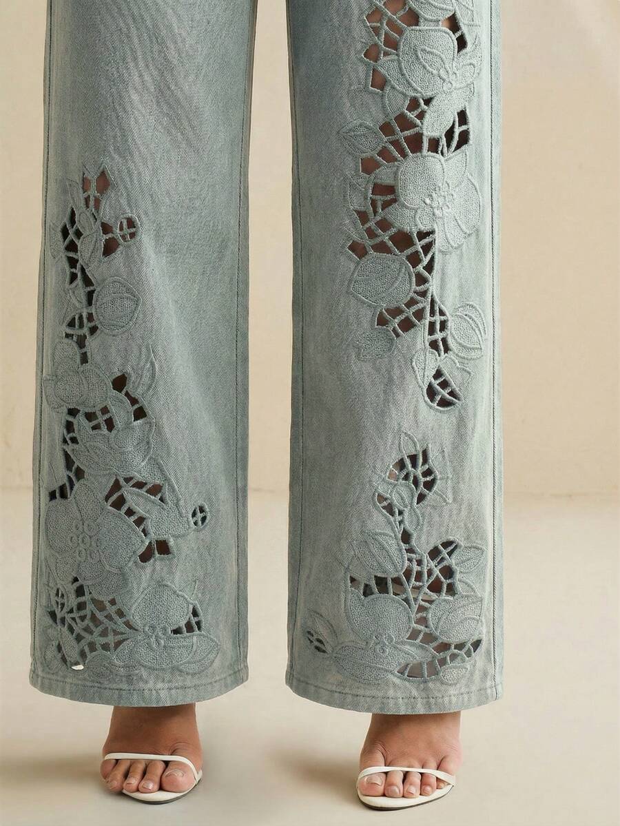 Anewsta 女士优雅刺绣镂空白色直筒牛仔裤，适合情人节、妇女节、母亲节穿着 - 藍色 - 查看 1