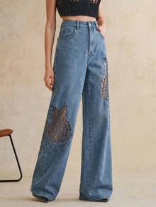 Anewsta Women's Fashionable Luxurious Sexy Side Hollow Embroidered Romantic Party Vacation Black Straight Leg Jeans, Spring/Summer - Blue - View 4