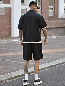 Devon Thys Manfinity Streetrush 3pcs Men's Star Print Short Sleeve Zipper Front Shirt & Shorts Outfit - Black - View 2