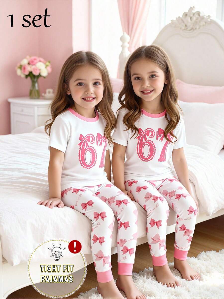 1set Young Girls Snug Fit Pajamas, Sweet Bestselling Butterfly & Number 67 Pattern, Short Sleeve Top & Long Pants 2pcs Set, Essential 2026 Seasonal Gift - White - View 1