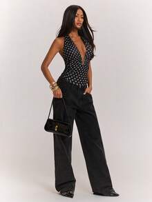 SHEIN BAE Áo hai dây gợi cảm hở lưng, họa tiết chấm bi dành cho nữ, thích hợp cho mùa hè. - màu đen - Xem 6