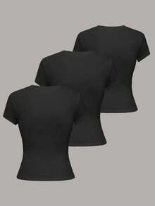 Franclia Bộ 3 áo thun nữ cổ tròn tay ngắn màu trơn, kiểu dáng thường ngày, đa năng. - Nhiều màu - Xem 2