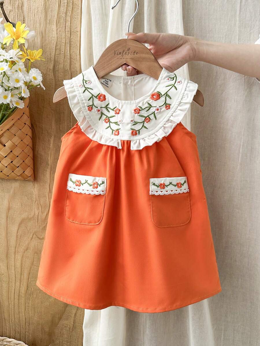 SHEIN Vintaside Kids 女宝宝夏季新款简约可爱彼得潘领蝴蝶结刺绣蕾丝装饰前口袋设计后开襟公主裙，休闲时尚