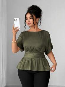 Elenzga 大码女式纯色圆领短袖荷叶边下摆时尚衬衫 - 軍綠色 - 查看 5