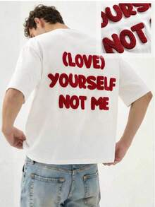 Manfinity Unisex Men's Casual Slogan Embroidered T-Shirt, Summer Men White Graphic Tee Men Tshirt White With Red Design Men Slogan Graphic Tee Men White Slogan T-Shirt - White - View 1