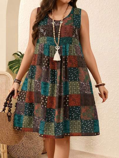 EMERY ROSE 大码休闲拼接印花无袖连衣裙，波西米亚风女装/夏季，西式女装，度假装