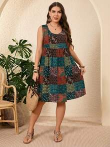 大码休闲拼接印花无袖连衣裙，波西米亚风女装/夏季，西式女装，度假装 - 藏蓝色 - 查看 5