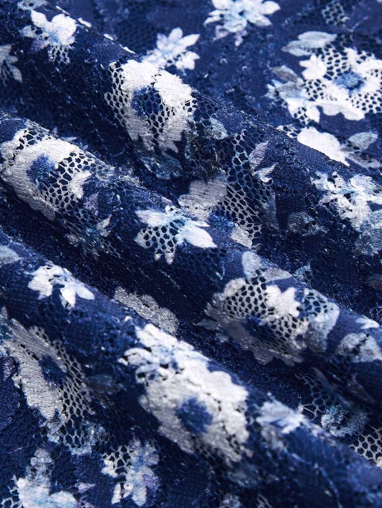 Navy Floral Print Lace Midi Dress With Ruffled Crossover Neckline Chic Style French Style Parisian Style Blue Flower Dress Blue Midi Dress Summer Dresses For Women French Style Dress