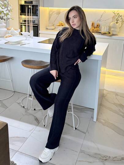Katetique 女式海军蓝圆领长袖休闲毛衣上衣和裤子两件套，冬季服装