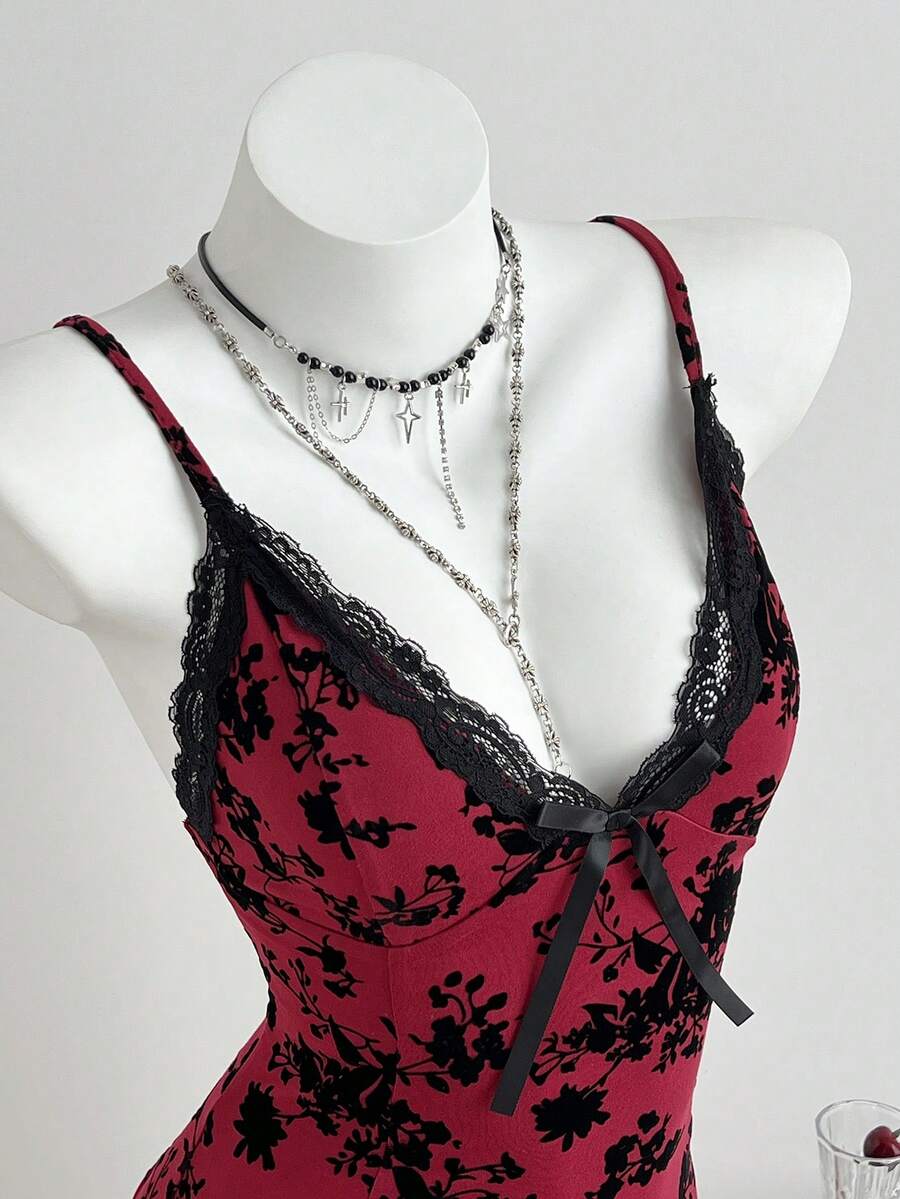 Elamini 女士蕾丝植绒V领吊带休闲连衣裙,适合度假、春夏穿着 - 酒紅色 - 查看 1