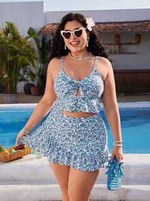 Swim Mod Bộ bikini 3 mảnh cỡ lớn dành cho nữ, kiểu dáng gợi cảm và thanh lịch với dây đeo mảnh, họa tiết hoa và bèo nhún, thích hợp cho kỳ nghỉ biển mùa xuân/hè. - Màu xanh lam - Xem 8
