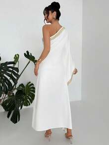 Breezaya Elegant One Shoulder Slope Collar Bat Sleeves Collar Sleeves Embroidered Webbing Trim Woven White Spring And Summer Ladies Elegant Dress Party Elegant Dress White Dress Graduation Ceremony Mom Outfit Ladies Commuting Wear Dress Elegant Party Dress Ladies Festival Dress Ladies Summer Dress White Dress Ladies Social Dress Ladies Party Dress White One Shoulder Dress White Vacation Dress White Maxi Dress White Elegant Dress White Beach Dress - White - View 2