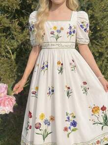 SHEIN 少女时尚优雅方领短袖连衣裙 - 白色 - 查看 5